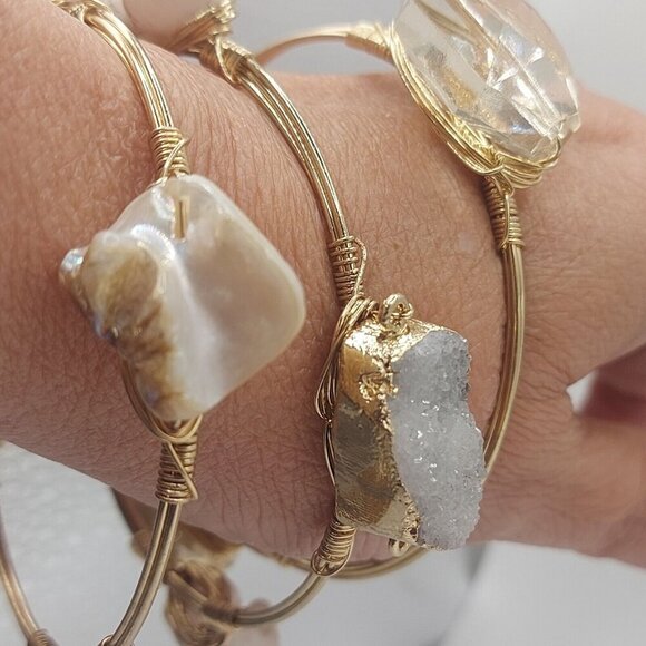 Lot of 3 Bourbon & Bowties Bracelets Gold Tone Wire wrapped bracelets with stone - Picture 2 of 11